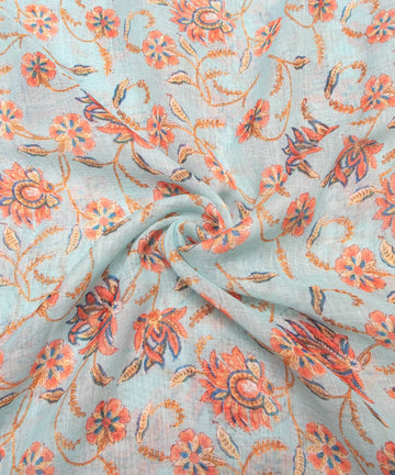 Light Blue Floral Print Zari Cotton Linen Fabric